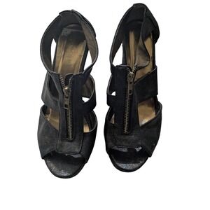 Sbigca of California Kat Wide Black Crackle Wedge Sandals Front Zip Peep Toe 8W